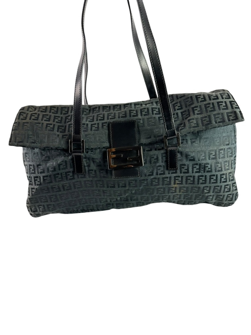 Genuine FENDI Zucchino Black Canvas Jacquard and Leather Baguette Shoulder Bag